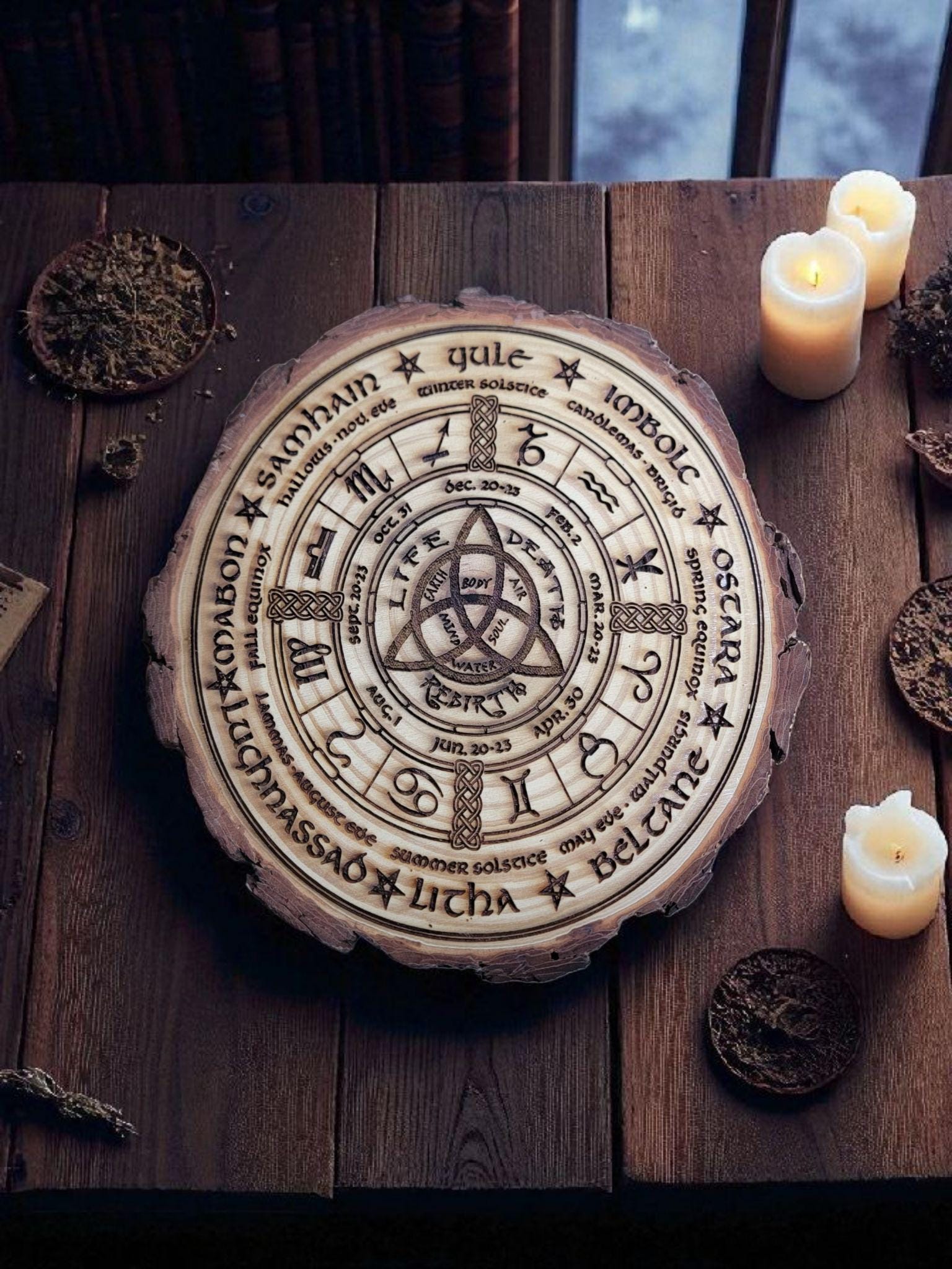 Pagan Wheel of the Year | Sabbat Calendar | Laser Engraved Rustic Wood Disc | Wiccan Altar Decor | Witchcraft Gift | Celtic Ritual Tool