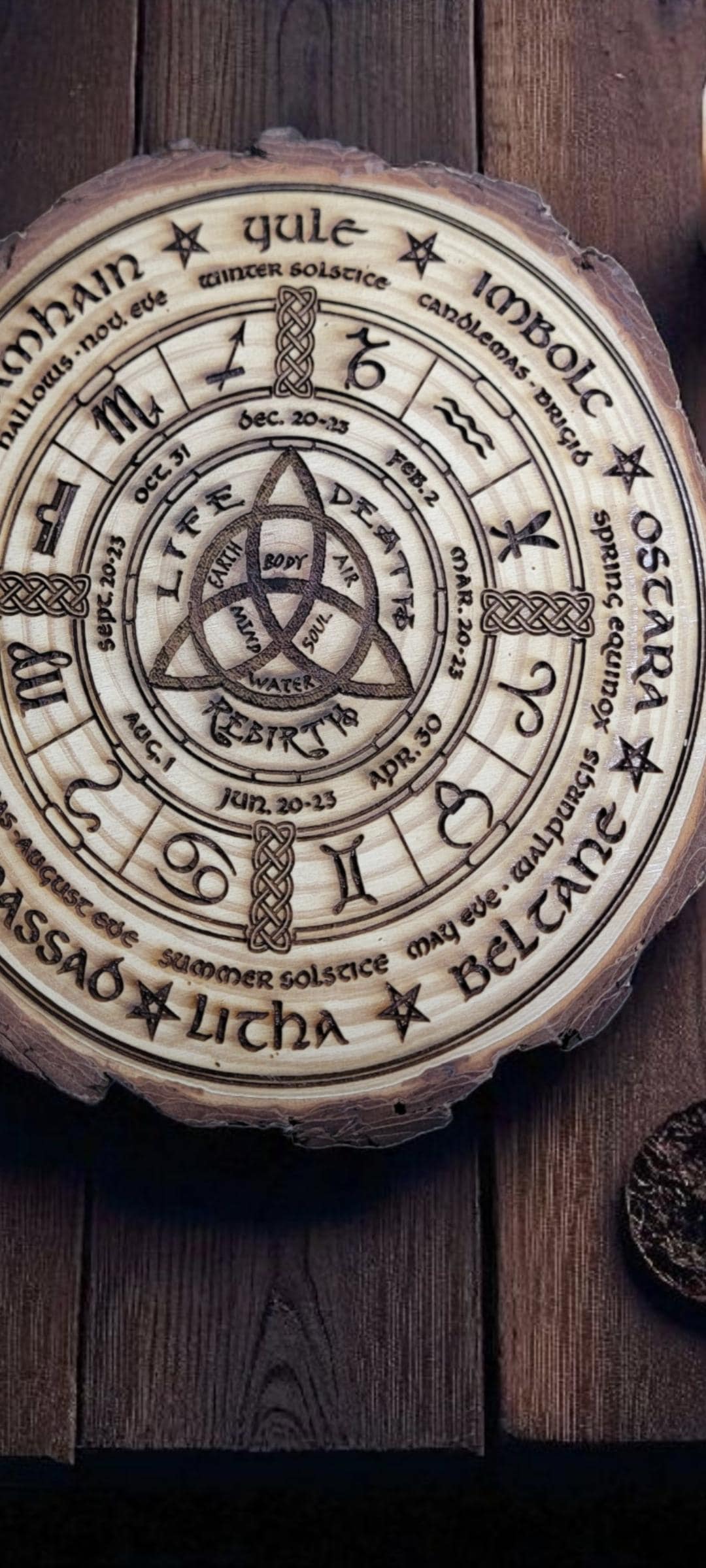 Pagan Wheel of the Year | Sabbat Calendar | Laser Engraved Rustic Wood Disc | Wiccan Altar Decor | Witchcraft Gift | Celtic Ritual Tool