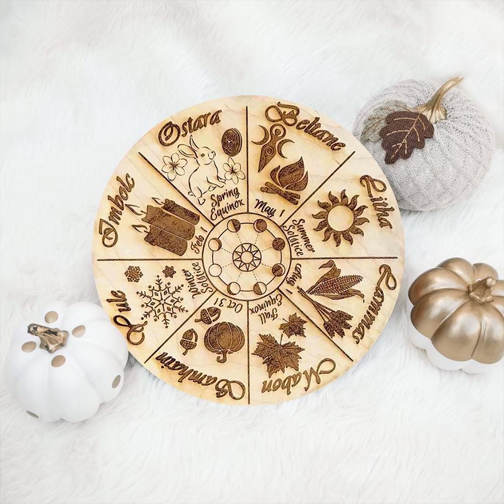 Wheel of the Year Sign – Pagan Wiccan Sabbat Wall Decor – Laser Engraved Wooden Witch Calendar – Seasonal Pagan Gift