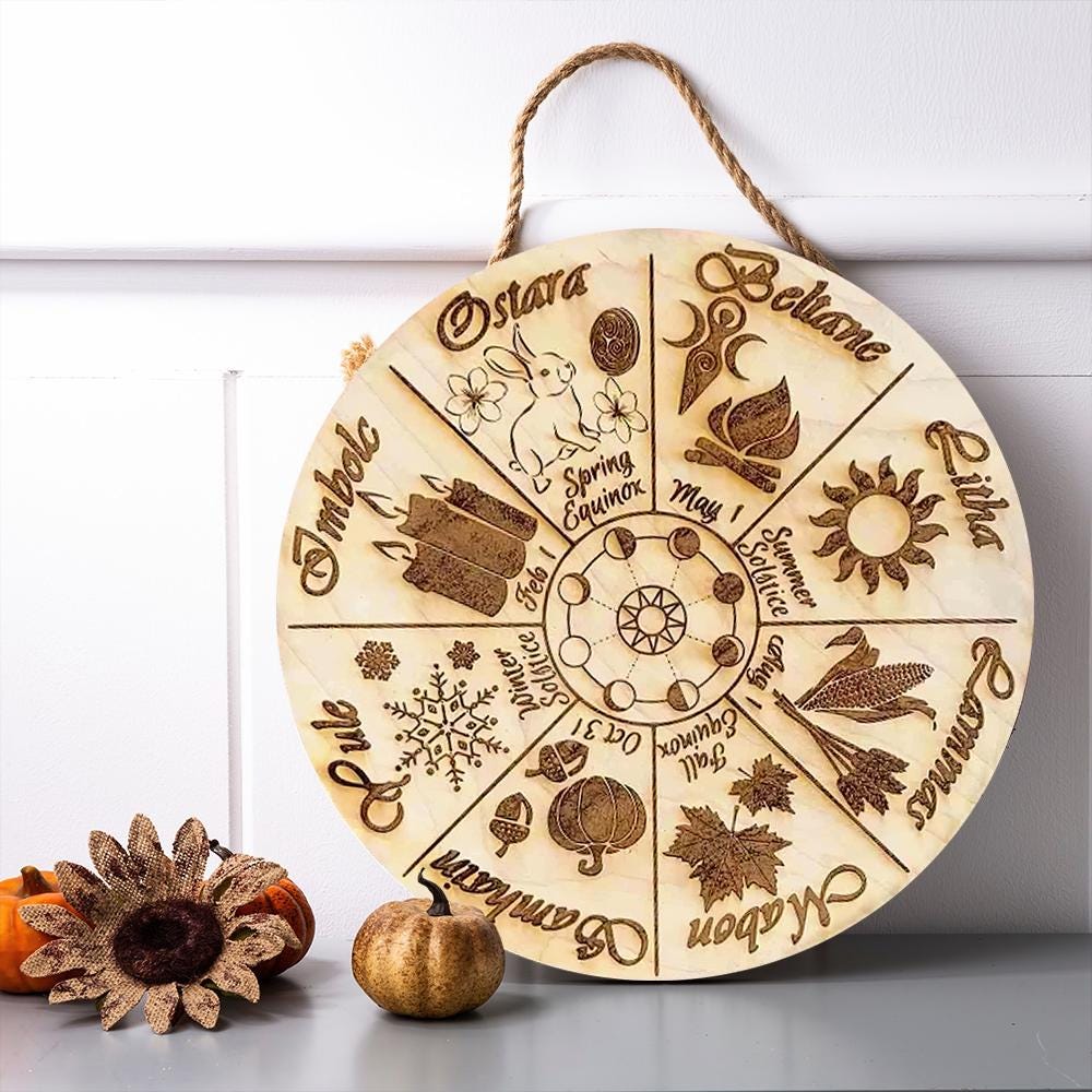 Wheel of the Year Sign – Pagan Wiccan Sabbat Wall Decor – Laser Engraved Wooden Witch Calendar – Seasonal Pagan Gift