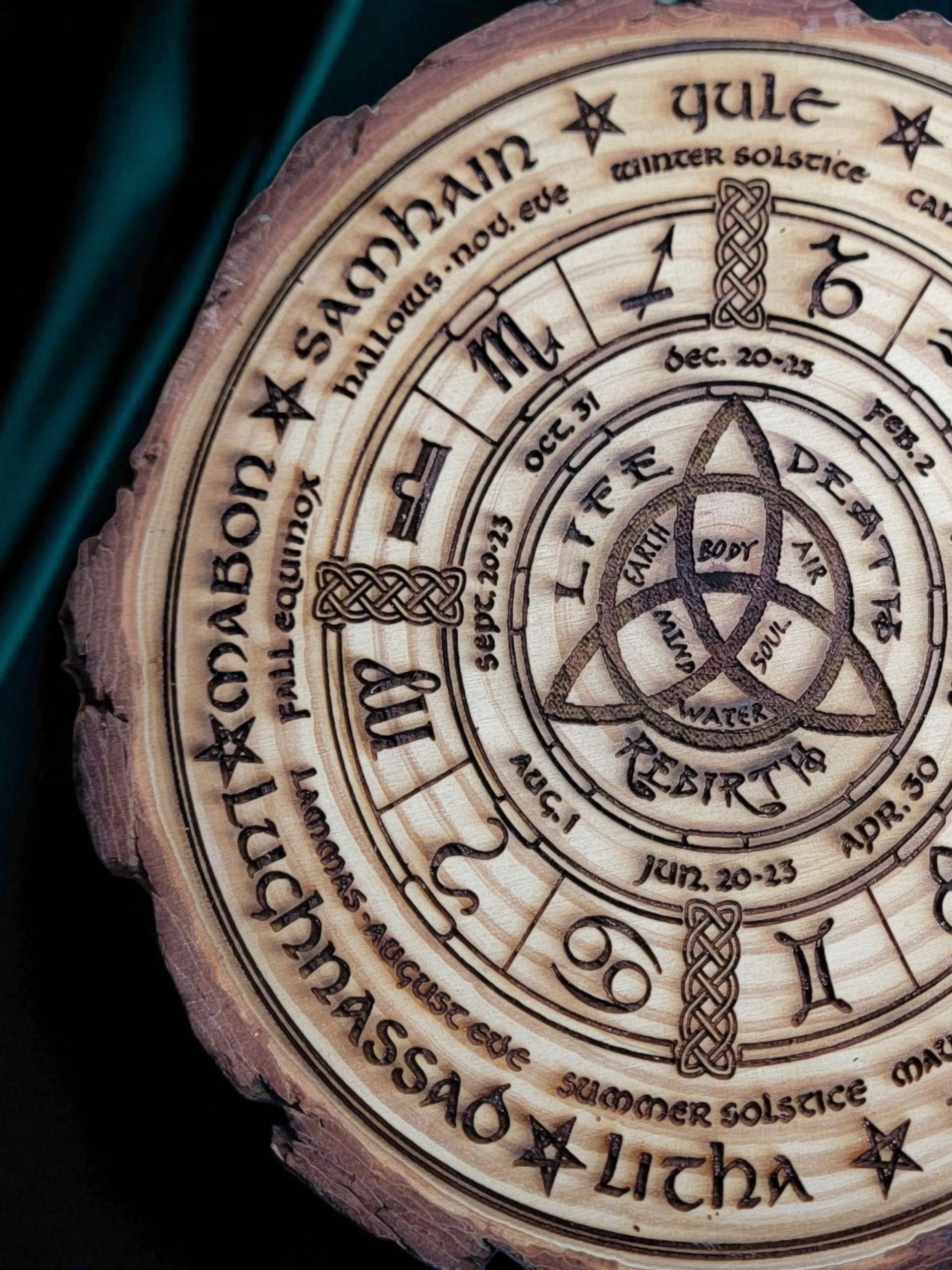 Pagan Wheel of the Year | Sabbat Calendar | Laser Engraved Rustic Wood Disc | Wiccan Altar Decor | Witchcraft Gift | Celtic Ritual Tool