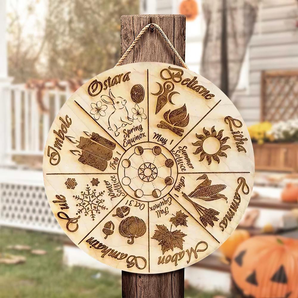 Wheel of the Year Sign – Pagan Wiccan Sabbat Wall Decor – Laser Engraved Wooden Witch Calendar – Seasonal Pagan Gift
