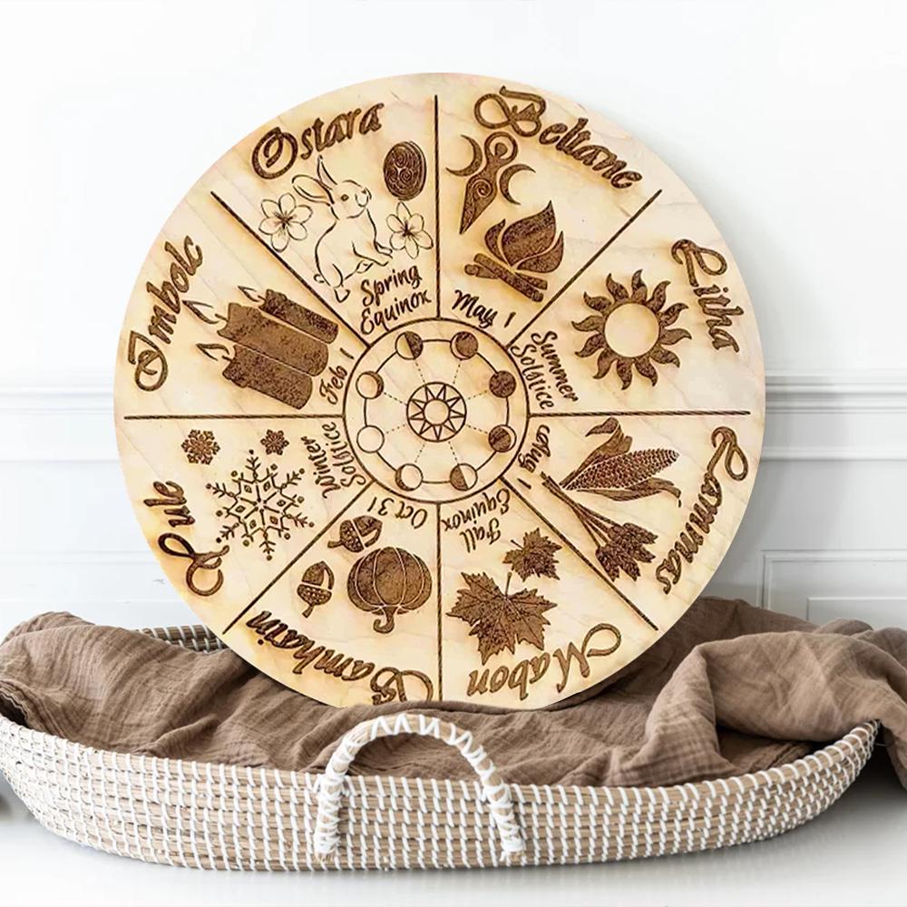 Wheel of the Year Sign – Pagan Wiccan Sabbat Wall Decor – Laser Engraved Wooden Witch Calendar – Seasonal Pagan Gift