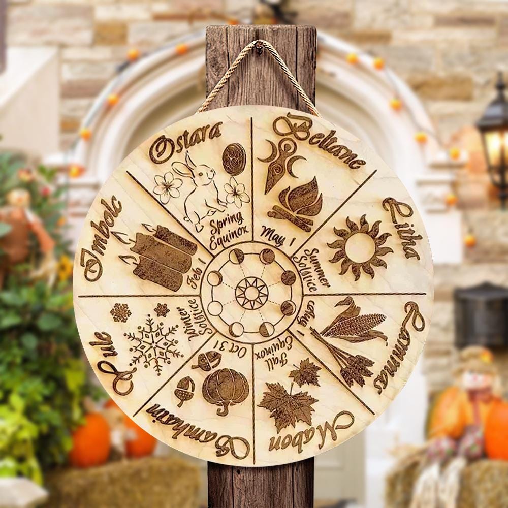 Wheel of the Year Sign – Pagan Wiccan Sabbat Wall Decor – Laser Engraved Wooden Witch Calendar – Seasonal Pagan Gift